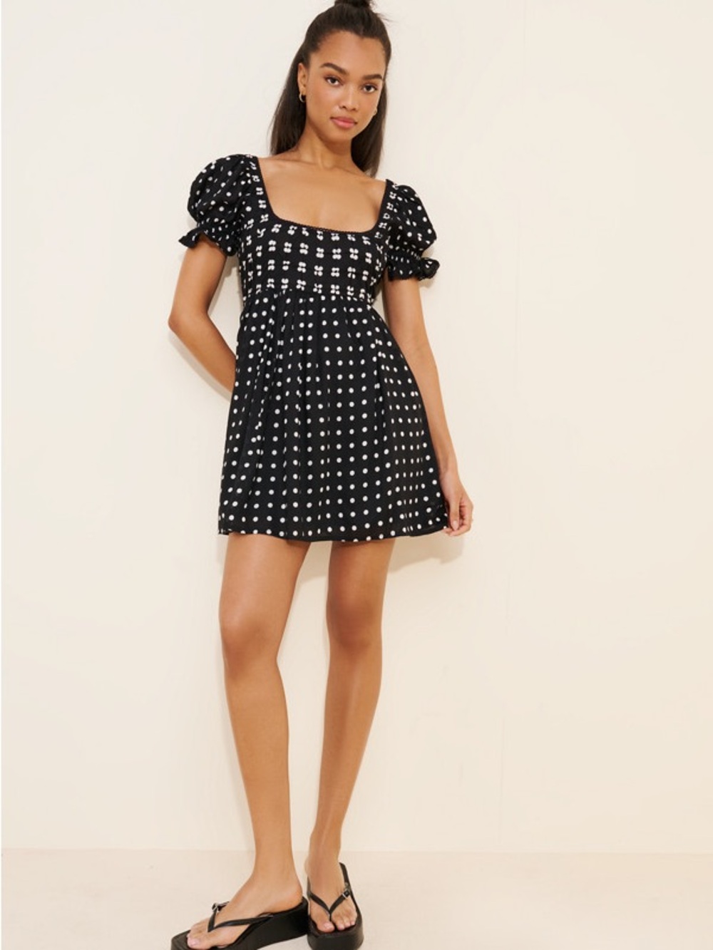 Free People Black & White Polka Dot Square-Neck Mini Dress - Picture 4 of 8